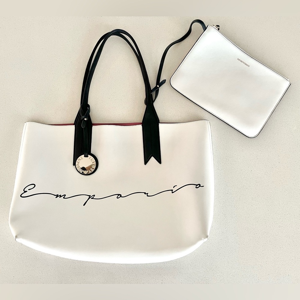 SOLD Emporio Armani Signature Shopper Tote Bag with Zipper Pouch